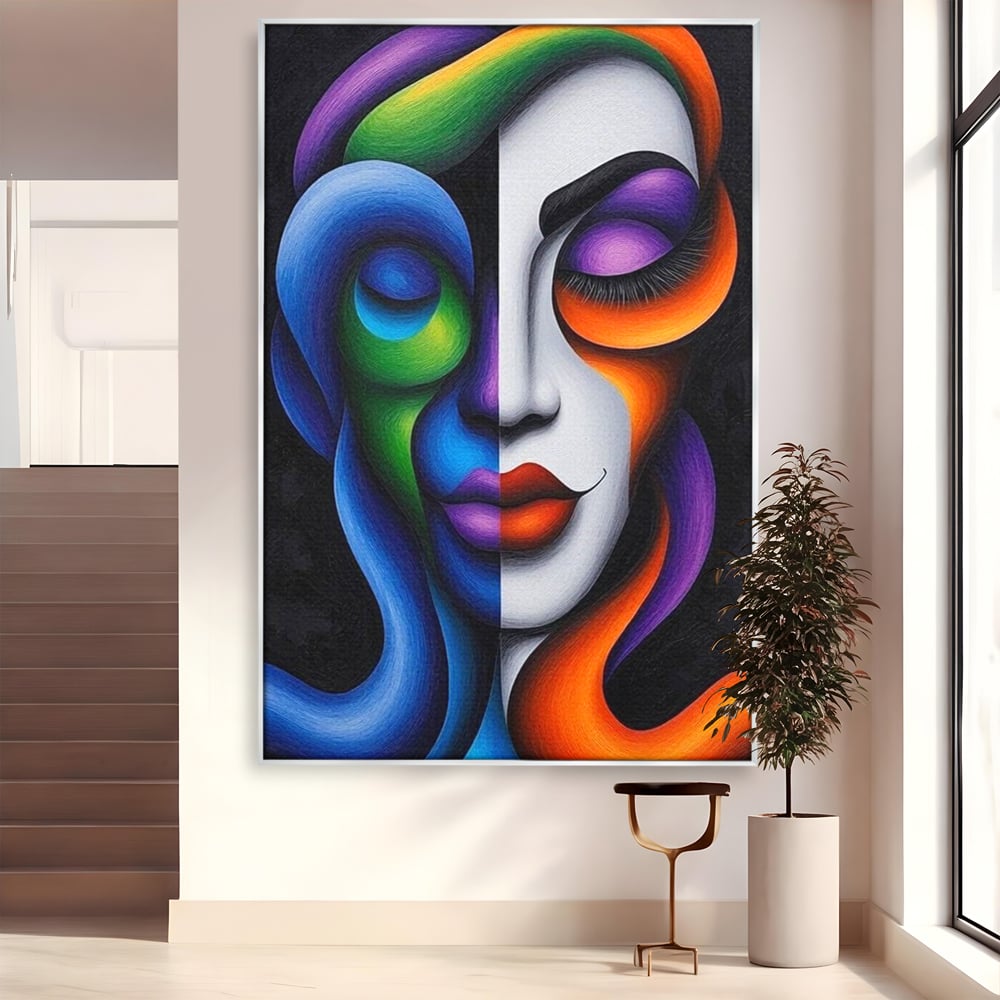 Tablou canvas cu portret abstract feminin bicolor, in rama de aluminiu argintiu